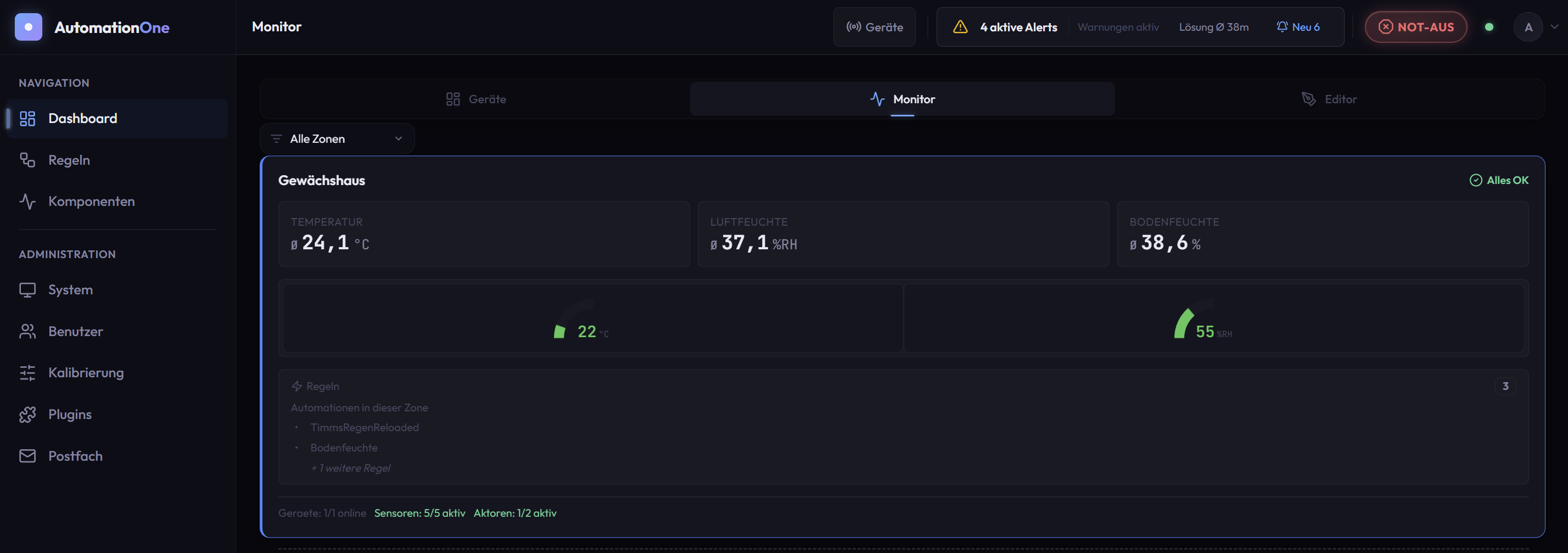 Zonenansicht mit KPI-Werten, Regeln und Geraetestatus